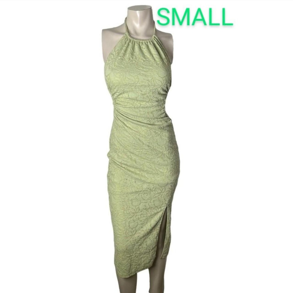 🆕Lime Flower Knit Double Lined Halter Back Tie Backless Midi Maxi Dress~Size S